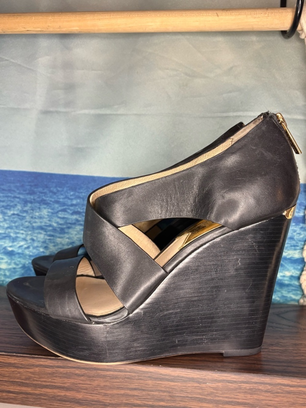 Michael Kors Elena Black Leather Platform Wedge Strappy Sandals